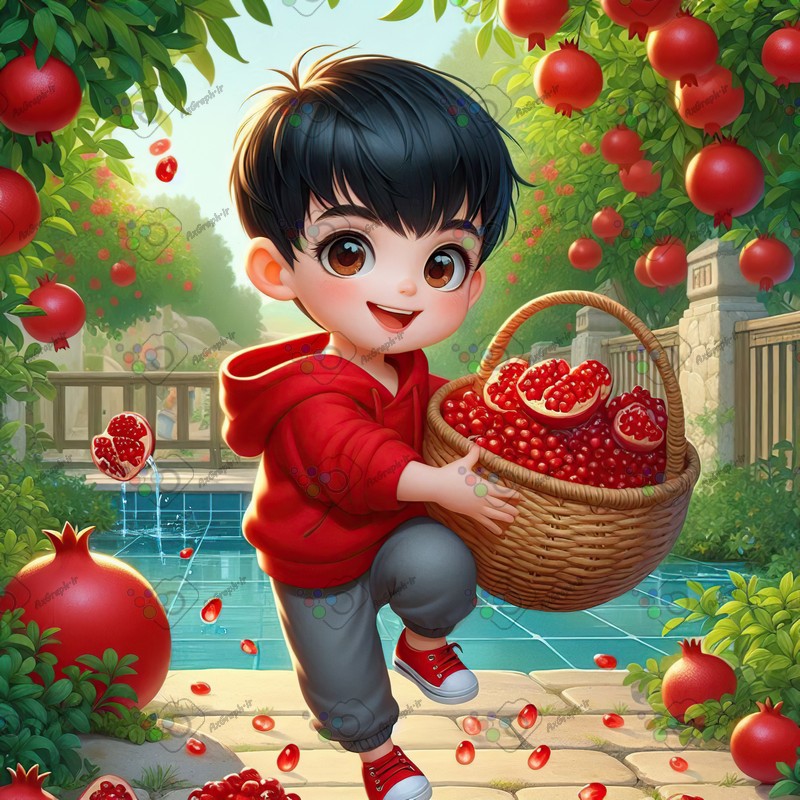 بک گراند کودکانه یلدا با طرح پسربچه شاد با سبد انار در حال دویدن در باغ انار-کد 44800(ویژه عکس گراف)