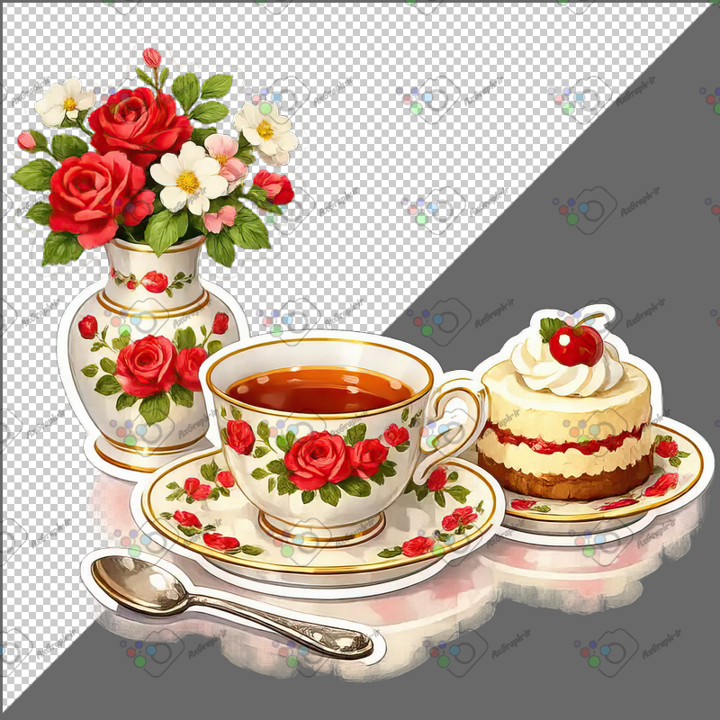 طرح برچسب فنجان چای و کیک و گلدان گل رز-کد 70074(ویژه عکس گراف)