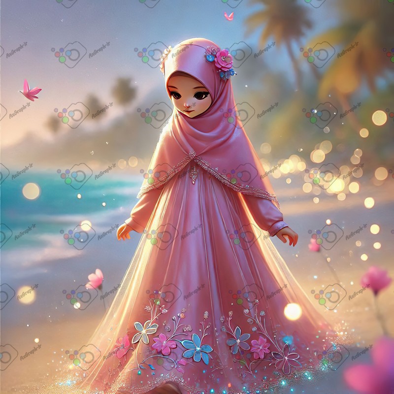 بک گراند کودکانه دختر ناز با حجاب در حال قدم زدن کنار دریا-کد 44537(ویژه عکس گراف)