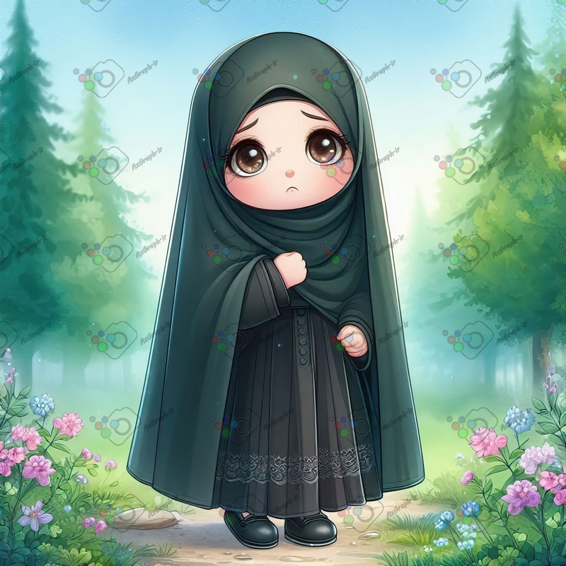 بک گراند کودکانه دختر کوچولوی ناز چادری غمگین ایستاده میان گلها-کد 44356(ویژه عکس گراف)