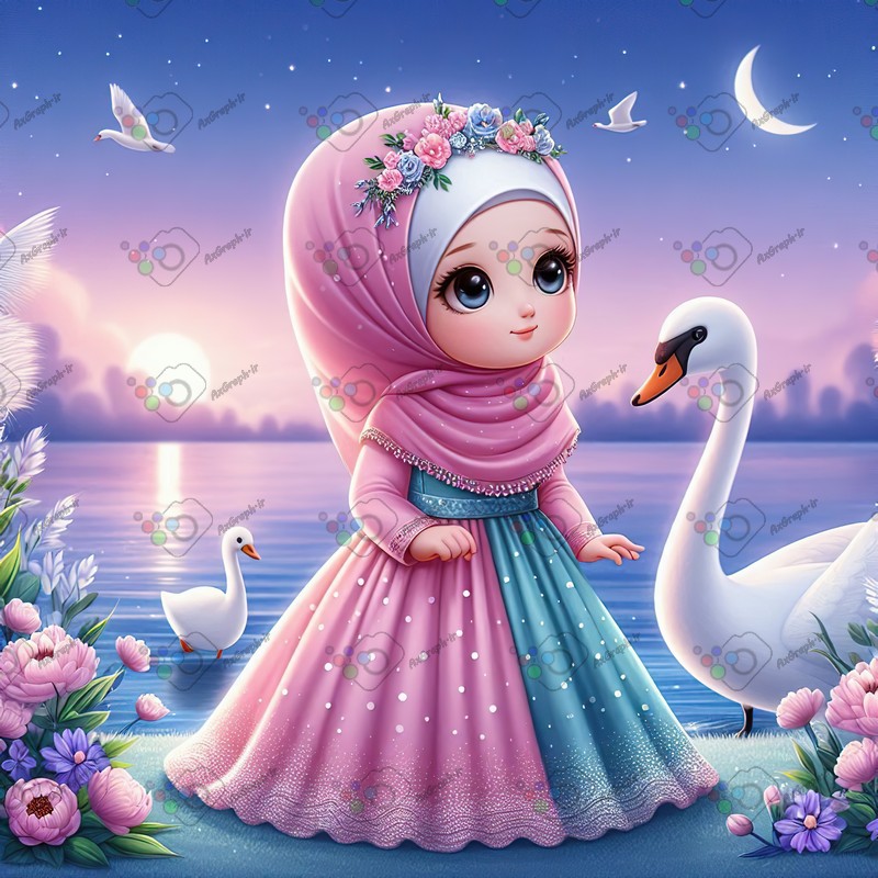 بک گراند کودکانه دختر بچه ناز با حجاب و قوی سپید زیر نور ماه-کد 44414(ویژه عکس گراف)