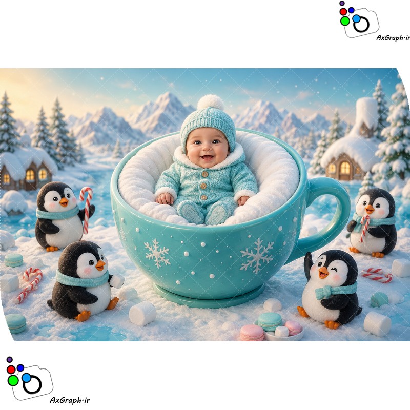بک دراپ نوزاد فنجان و پنگوئن ها در زمستان-کد 55525(ویژه عکس گراف)