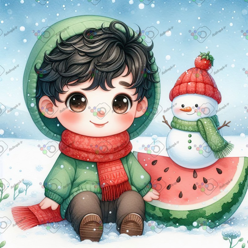 بک گراند کودکانه یلدا با طرح پسربچه و آدم برفی و هندونه زیر برف-کد 44807(ویژه عکس گراف)