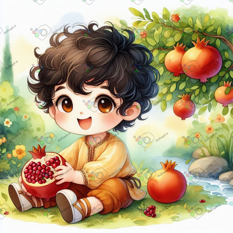 بک گراند کودکانه یلدا با طرح پسربچه شاد با اناری در دست نشسته در باغ انار-کد 44793(ویژه عکس گراف)