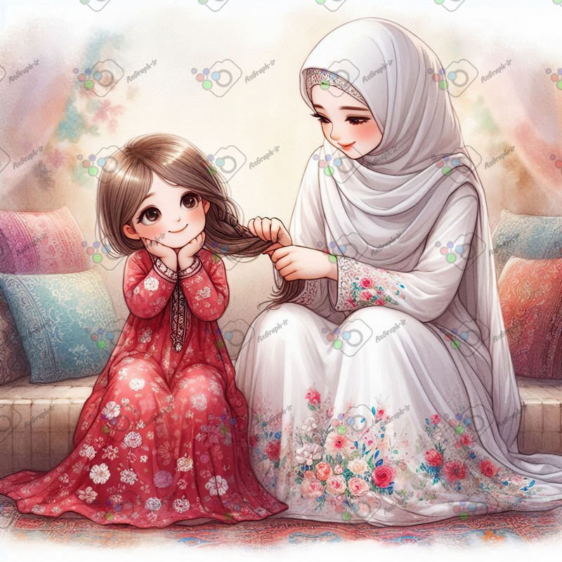 بک گراند کودکانه مامان مهربون و با حجاب در حال بافتن موهای دختر کوچولوش-کد 44438(ویژه عکس گراف)