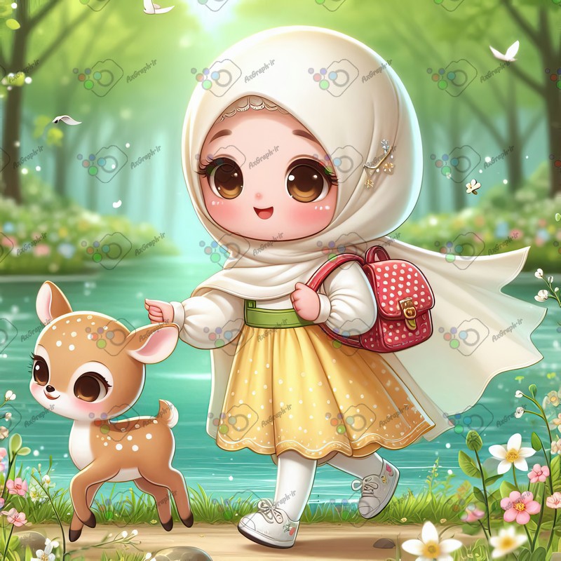 بک گراند کودکانه دختر بچه ناز با حجاب و بچه آهوی با مزه در حال قدم زدن کنار دریاچه-کد 44549(ویژه عکس گراف)