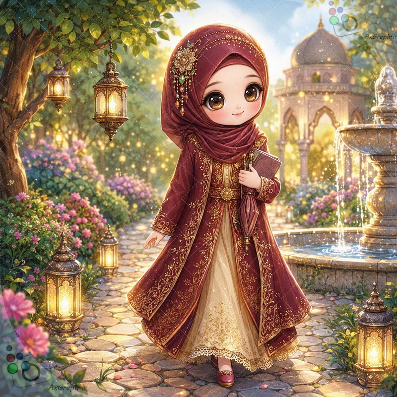 طرح دختر باحجاب با لباس فاخر در باغ فانوس‌باران - کد 44955 (ویژه عکس گراف)