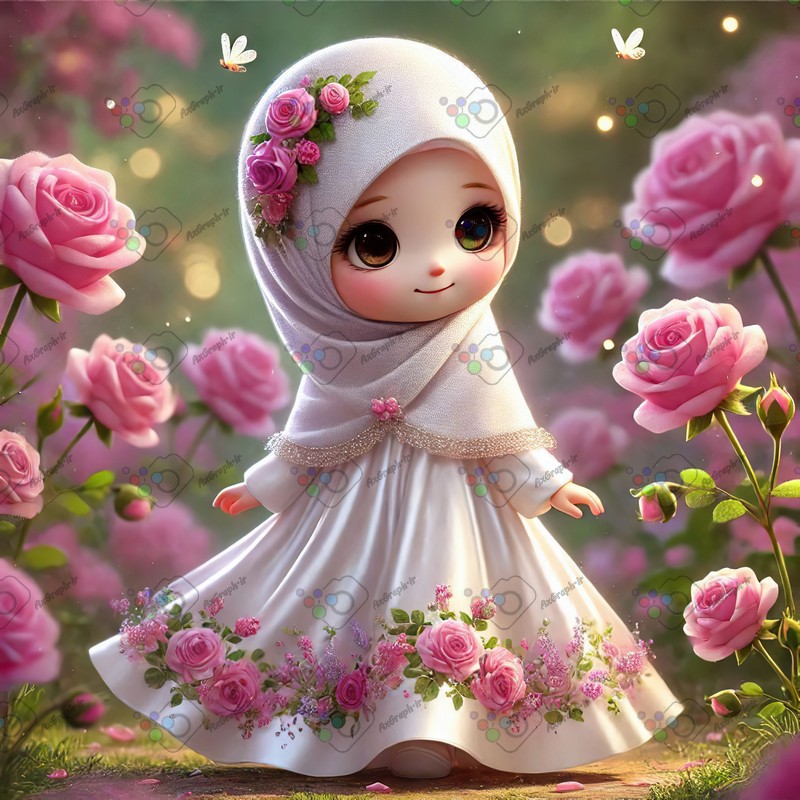 بک گراند کودکانه دختر ریزه میزه ناز با حجاب در حال عبور از باغ گل رز-کد 44532(ویژه عکس گراف)