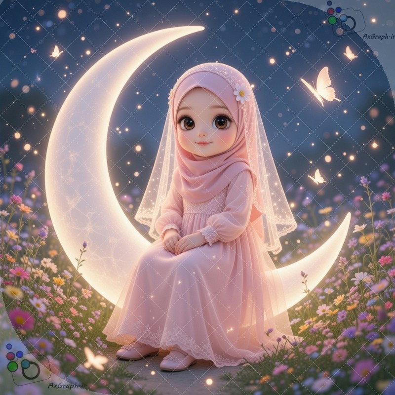 طرح فانتزی دختر خردسال محجبه با پیراهن صورتی نشسته بر روی هلال ماه نورانی در دشت گل - کد 44910 (ویژه عکس گراف)
