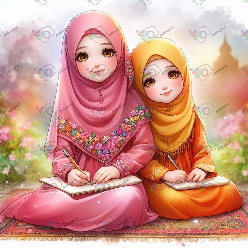 بک گراند کودکانهدخترای ناز با حجاب در حال نوشتن -کد 44433(ویژه عکس گراف)