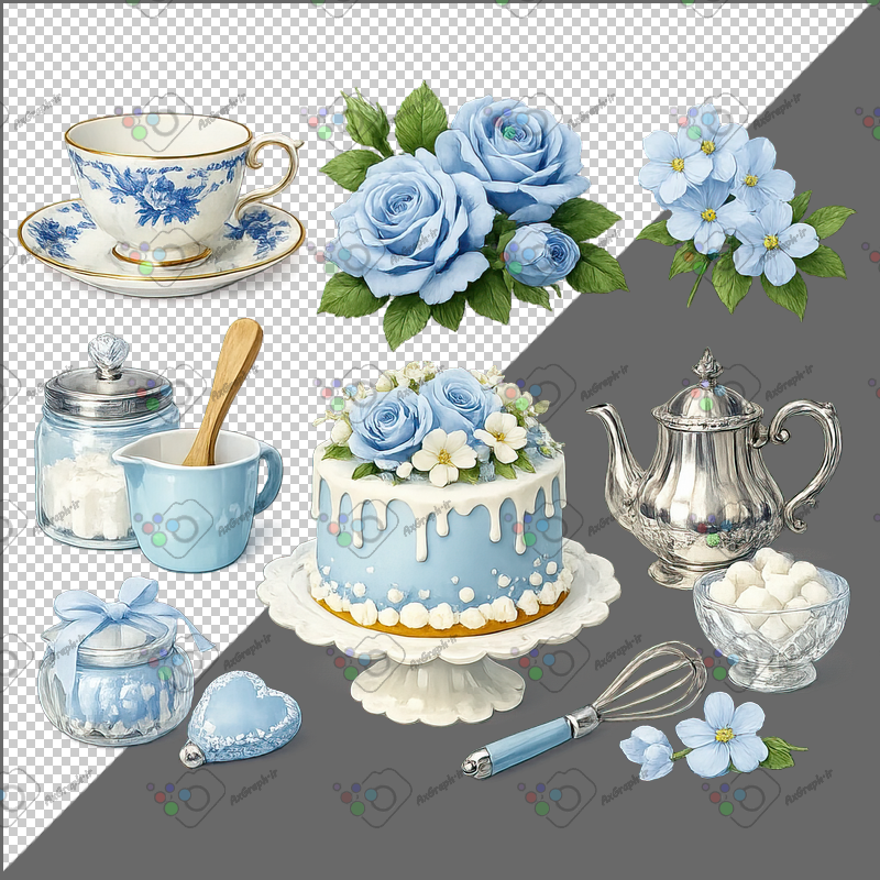 طرح برچسب فنجان و کیک و لوازم شیرینی گل و شکوفه آبی-کد 70103(ویژه عکس گراف)