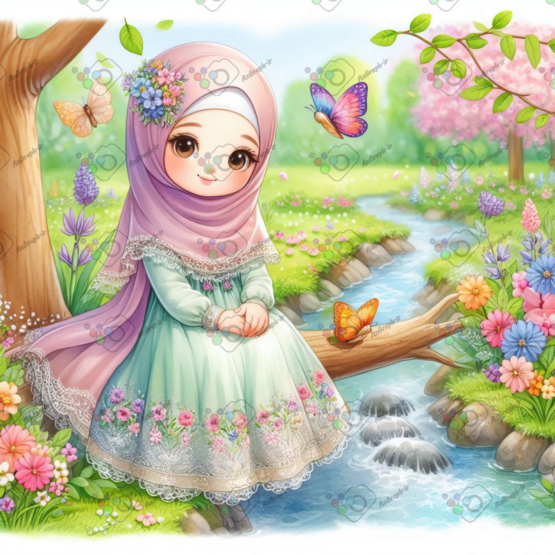 بک گراند کودکانه دختربچه ناز با حجاب نشسته روی شاخه درخت کنار برکه-کد 44813(ویژه عکس گراف)