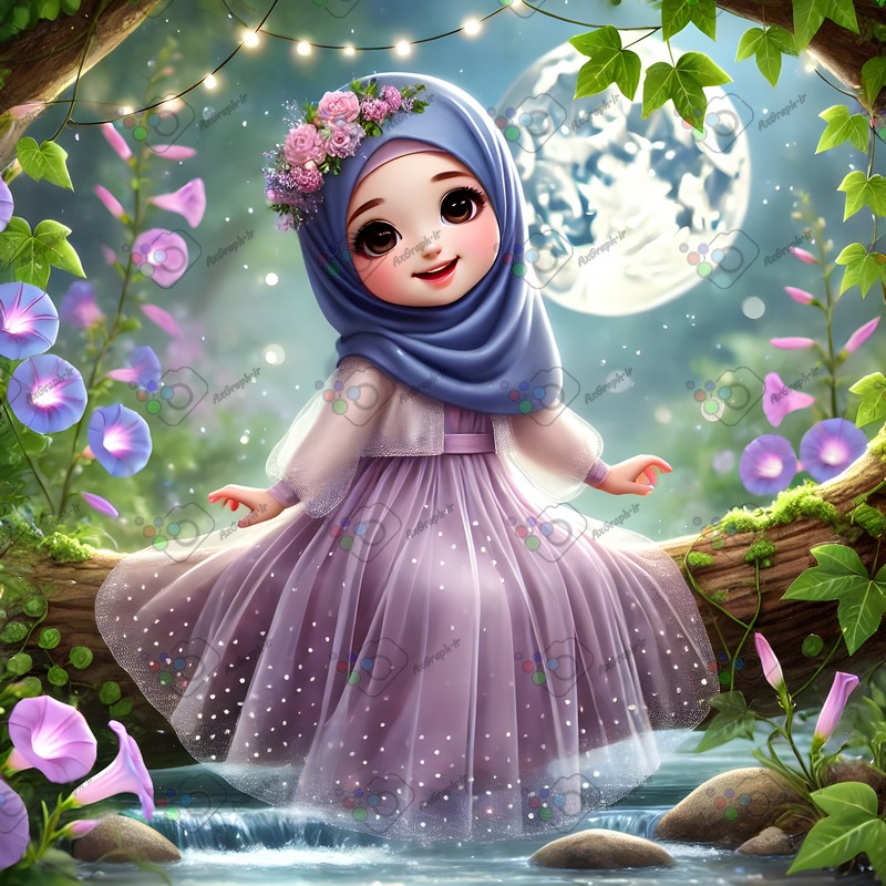 بک گراند کودکانه دختربچه ناز با حجاب نشسته روی درخت میان گلهای پیچک-کد 44615(ویژه عکس گراف)