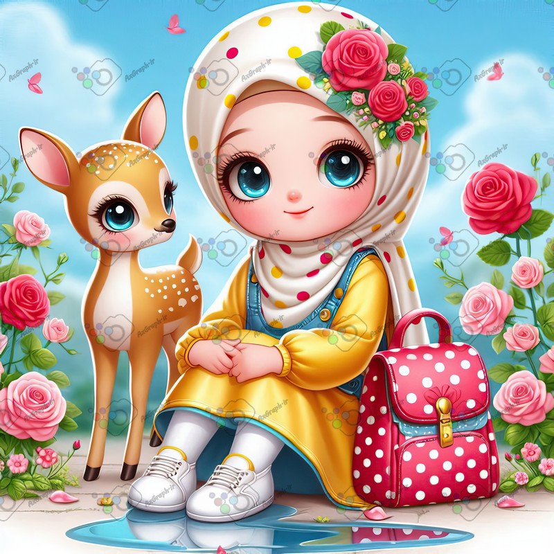 بک گراند کودکانه دختر بچه ناز با حجاب و بچه آهوی ناز کنار گودال آب در باغ گل رز-کد 44543(ویژه عکس گراف)