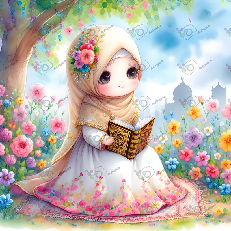بک گراند کودکانه دختر بچه ناز با حجاب در حال قرآن خواندن میان گلهای زیبا-کد 44566(ویژه عکس گراف)