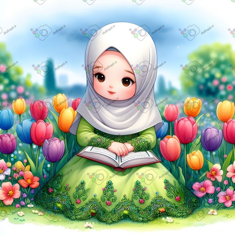 بک گراند کودکانه دختر بچه ناز با حجاب در حال قرآن خواندن در باغ لاله-کد 44595(ویژه عکس گراف)