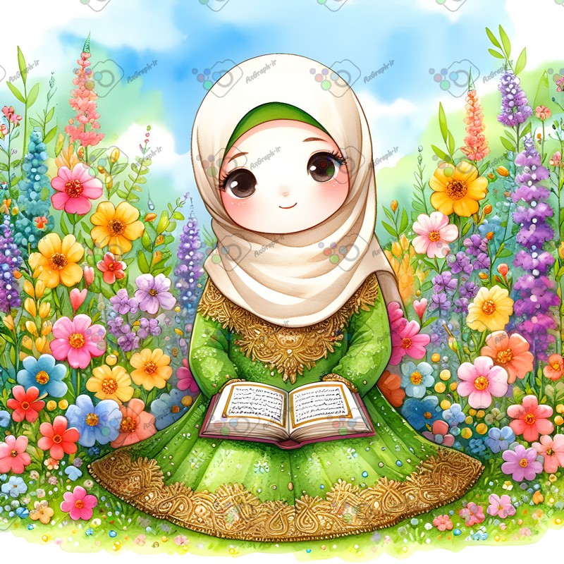 بک گراند کودکانه دختر بچه ناز با حجاب در حال قرآن خواندن میان گلهای رنگارنگ-کد 44583(ویژه عکس گراف)