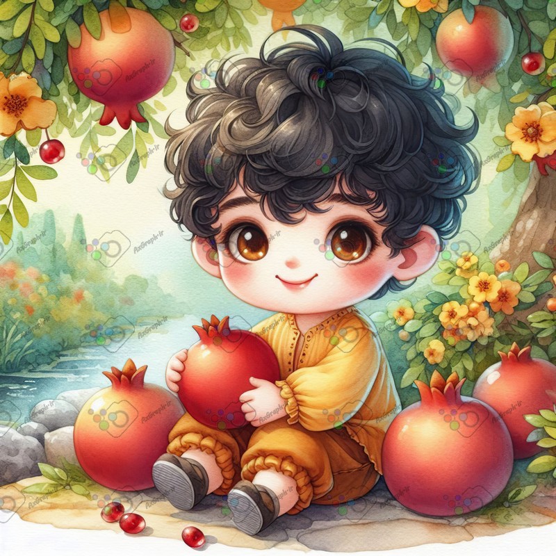 بک گراند کودکانه یلدا با طرح پسربچه مو فرفری نشسته زیر درخت انار-کد 44794(ویژه عکس گراف)