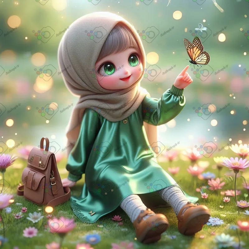 بک گراند کودکانه دختر کوچولوی ناز با حجاب در حال بازی با پروانه-کد 43560(ویژه عکس گراف)