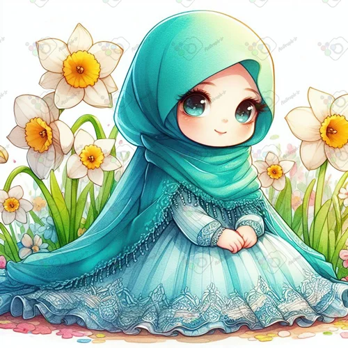 بک گراند کودکانه دختر زیبای محجبه با لباس فیروزه ای میان گلهای نرگس(ویژه عکس گراف)-کد 41278