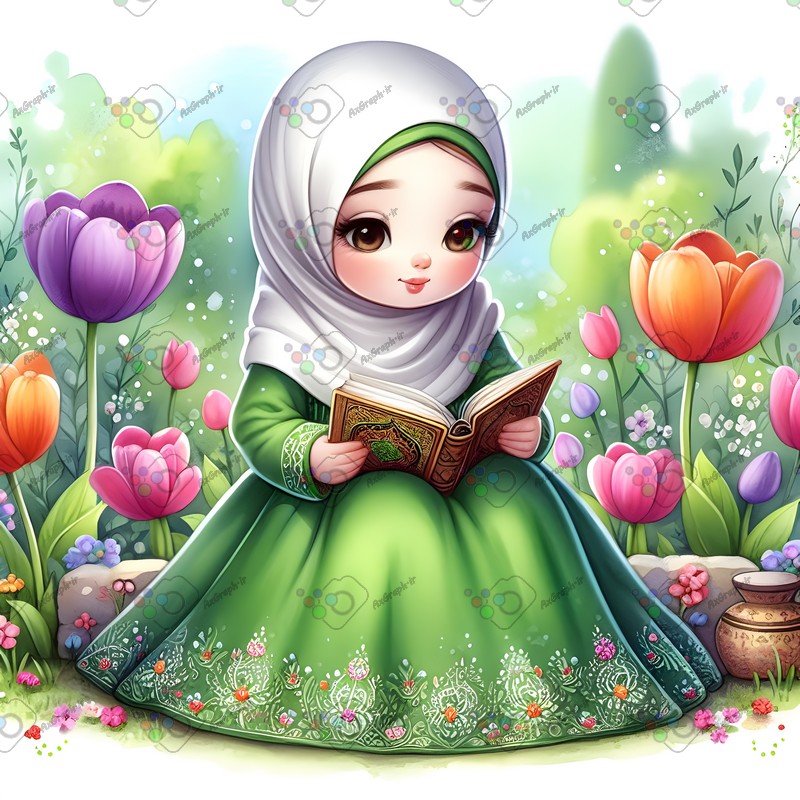 بک گراند کودکانه دختر بچه ناز با حجاب در حال قرآن خواندن در باغ لاله های رنگارنگ-کد 44565(ویژه عکس گراف)