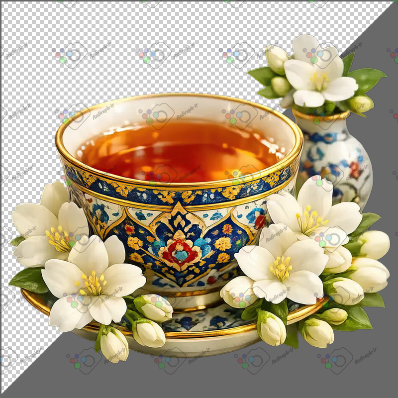 طرح برچسب فنجان چای و گل یاس-کد 70078(ویژه عکس گراف)