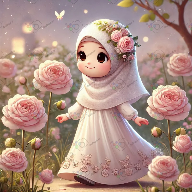 بک گراند کودکانه دختر کوچولوی ناز با حجاب در باغ گل رز-کد 43686(ویژه عکس گراف)