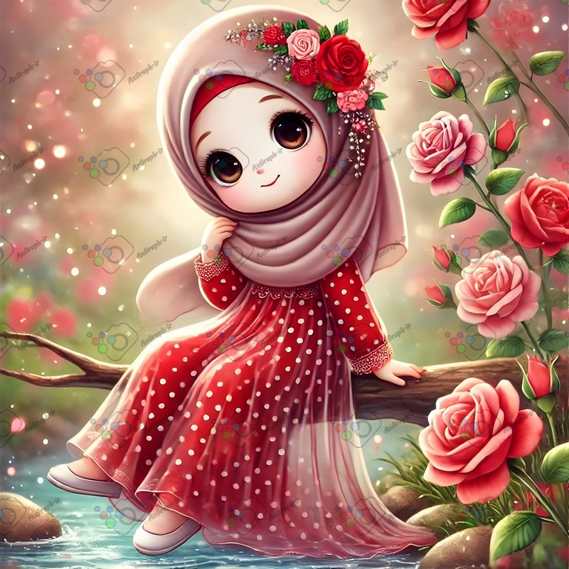 بک گراند کودکانه دختربچه ناز با حجاب نشسته روی شاخه درخت در باغ گل رز-کد 44611(ویژه عکس گراف)