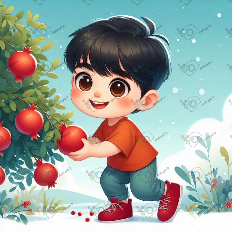 بک گراند کودکانه یلدا با طرح پسربچه خوشحال در حال چیدن انار از درخت-کد 44792(ویژه عکس گراف)