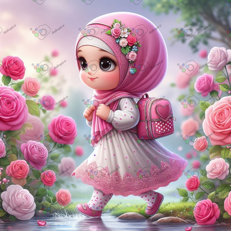 بک گراند کودکانه دختر بچه ناز با حجاب با کوله صورتی در حال عبور از میان رزهای صورتی-کد 44425(ویژه عکس گراف)