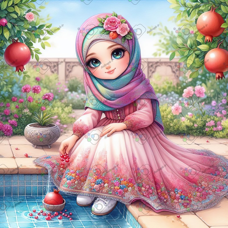 بک گراند کودکانه یلدا با طرح انار و دختر ناز با حجاب و حوض کاشی-کد 44724(ویژه عکس گراف)