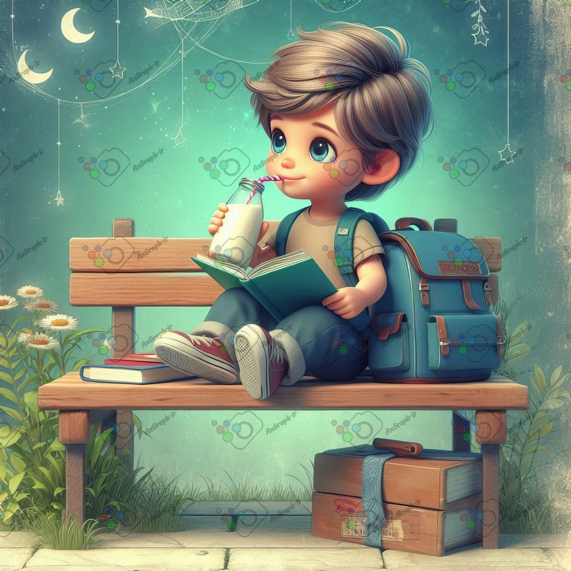 بک گراند کودکانه دانش آموز مرتب در حال نوشیدن شیر و کتاب خواندن زیر نور ماه-کد 44554(ویژه عکس گراف)