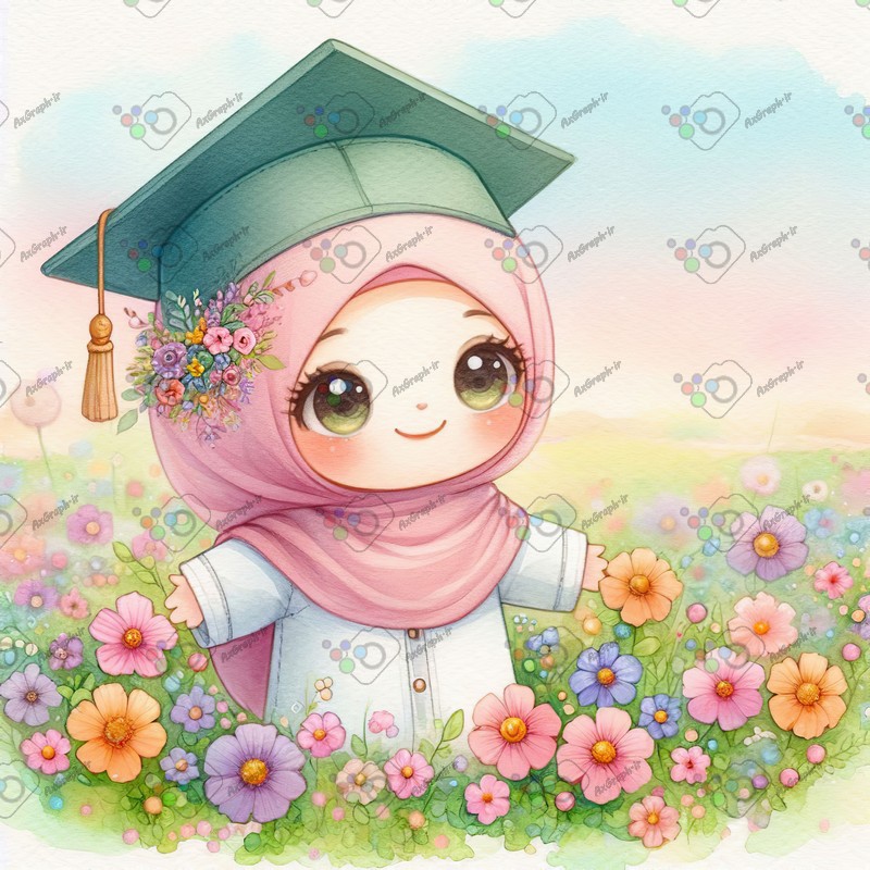 بک گراند کودکانه دختر کوچولوی ناز با حجاب با کلاه فارغ التحصیلی میان گلها-کد 44467(ویژه عکس گراف)