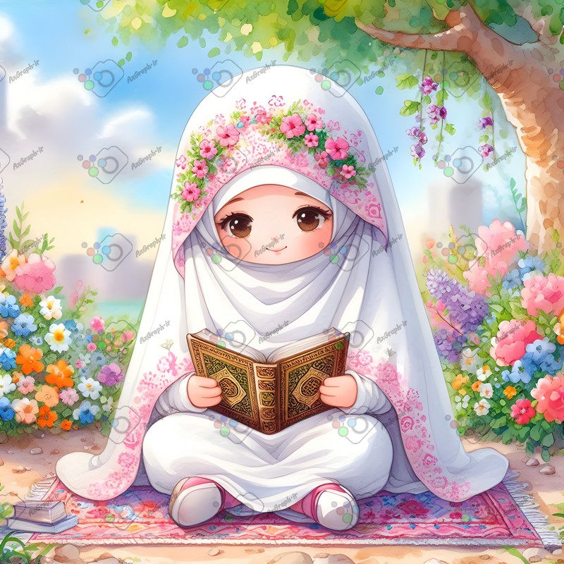 بک گراند کودکانه دختر بچه ناز با حجاب در حال قرآن خواندن-کد 44584(ویژه عکس گراف)
