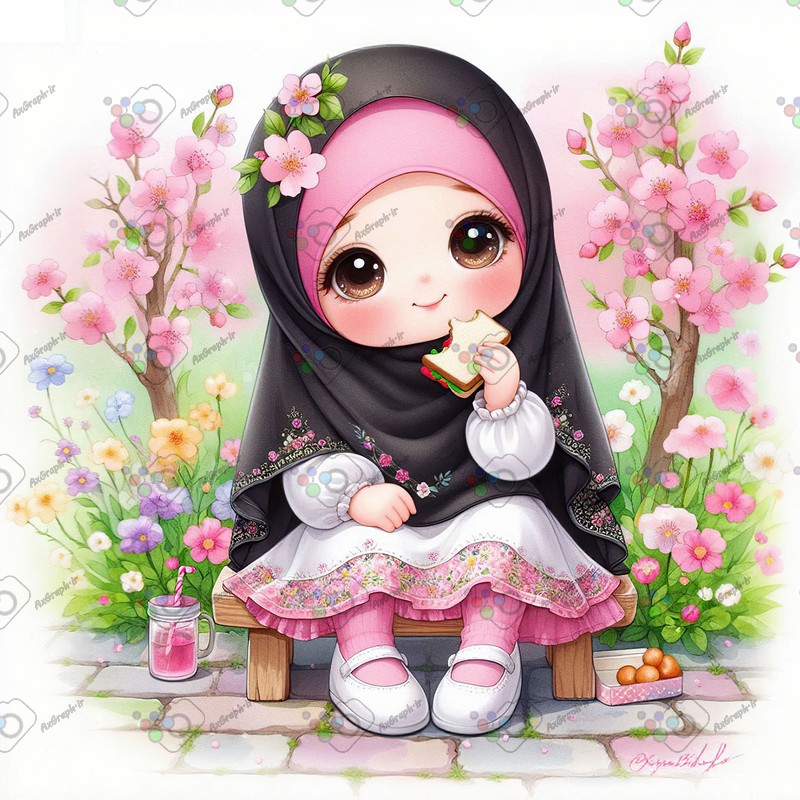 بک گراند کودکانه دختر کوچولوی ناز با حجاب در حال خوردن ساندویچ-کد 44473(ویژه عکس گراف)