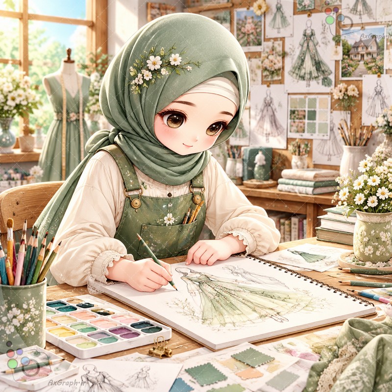 🌟🎨 طرح دختربچه طراح مد و لباس باحجاب در آتلیه طراحی و خیاطی - کد ۴۵۰۱۲ (ویژه عکس گراف) 👗🌿✏️