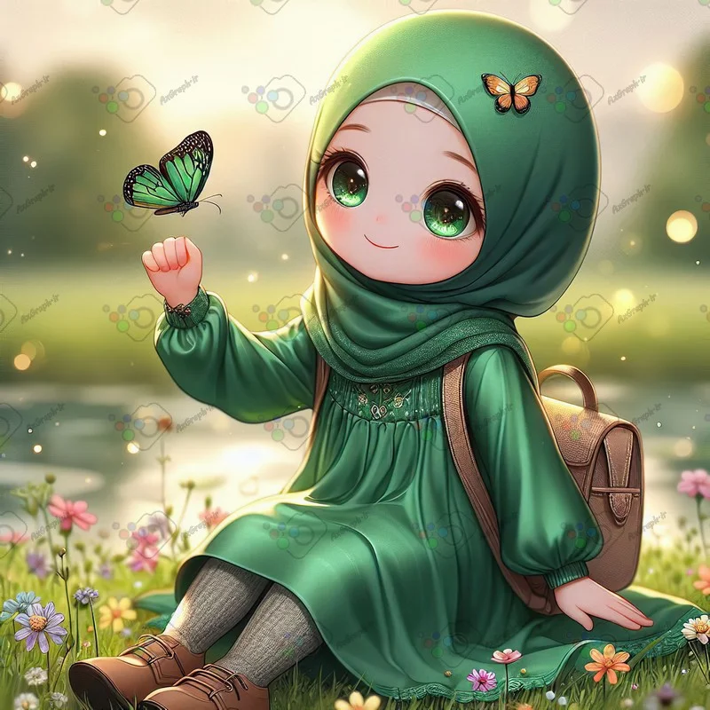 بک گراند کودکانه دختربچه ناز با حجاب و پروانه در دشت گلها-کد 43573(ویژه عکس گراف)