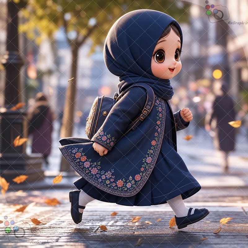 🌟🎒 طرح دختربچه فانتزی با پالتو سرمه‌ای گلدوزی‌شده و کوله‌پشتی در حال رفتن به مدرسه - کد ۴۴۹۸۲ (ویژه عکس گراف) 🍁🍂✨