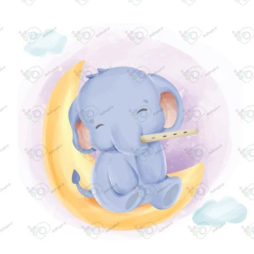 وکتور کودکانه فیل در حال نواختن نی روی ماه-کد 12093