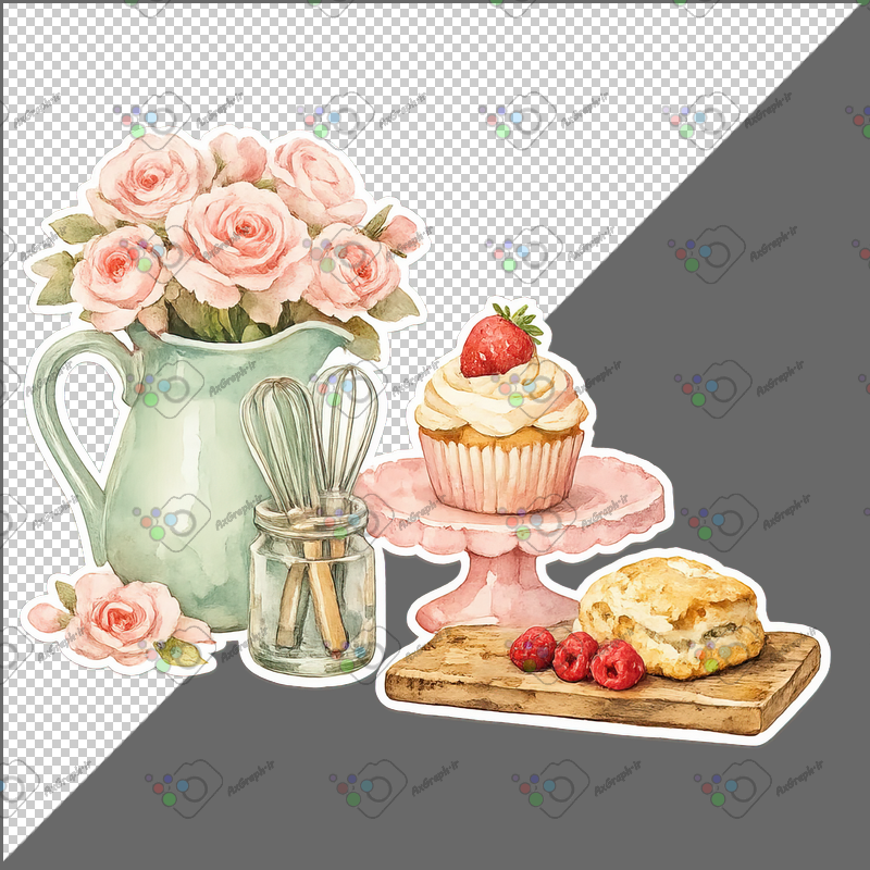 طرح برچسب گلدان گل و کاپ کیک و همزن-کد 70120(ویژه عکس گراف)