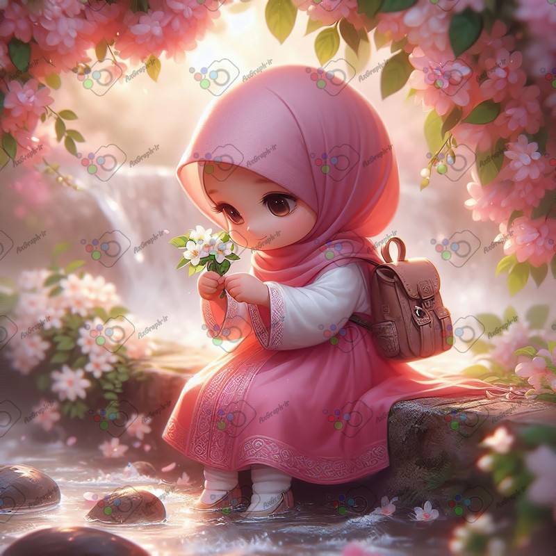 بک گراند کودکانه دختر بچه ناز با حجاب در باغ گل یاس-کد 44411(ویژه عکس گراف)