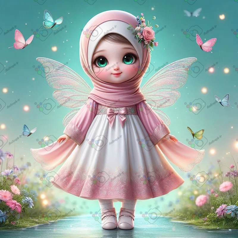بک گراند کودکانه پری کوچک ناز با حجاب میان پروانه ها-کد 43537(ویژه عکس گراف)