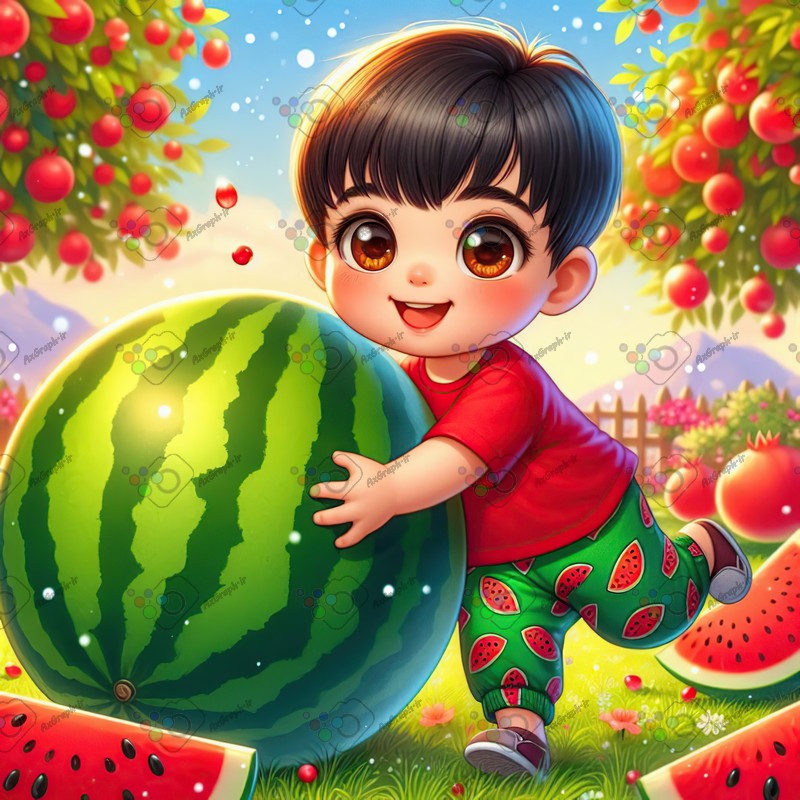 بک گراند کودکانه یلدا با طرح پسربچه خوشحال و هندونه غول پیکر-کد 44799(ویژه عکس گراف)