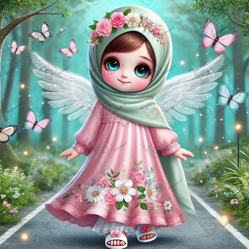 بک گراند کودکانه پری کوچولوی ناز با حجاب در جاده جنگلی میان پروانه های صورتی-کد 43557(ویژه عکس گراف)