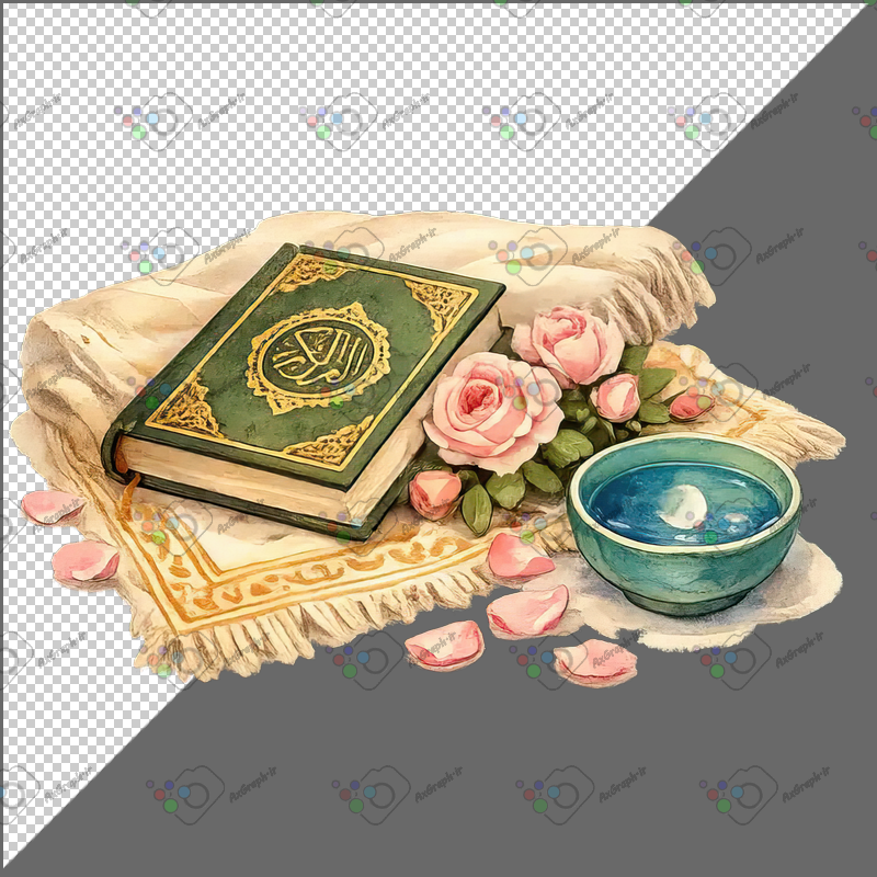 طرح برچسب قرآن و سجاده و کاسه آب و گل رز-کد 70195(ویژه عکس گراف)