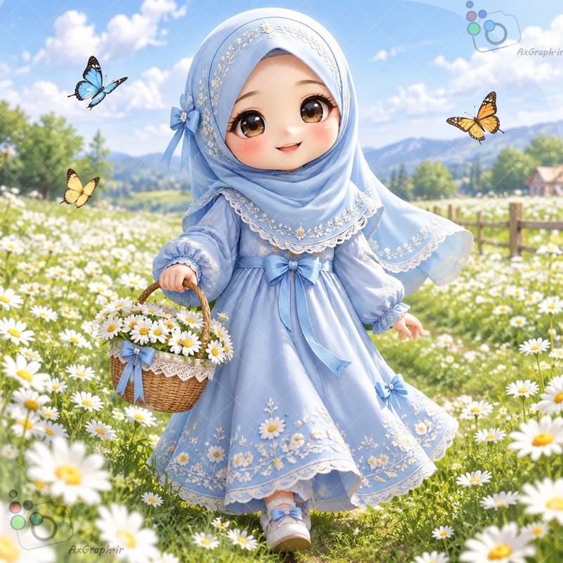 طرح دختربچه باحجاب آبی با سبد گل در دشت بابونه و پروانه‌ها - کد ۴۵۰۳۳ (ویژه عکس گراف)