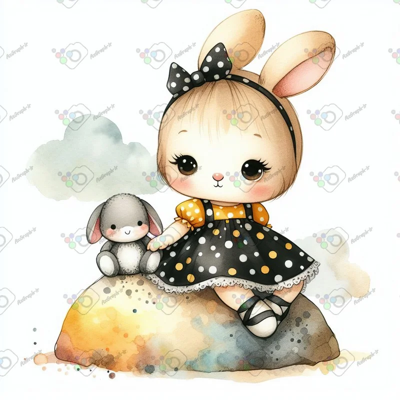 بک گراند کودکانه خرگوش ناز و عروسکش نشسته روی تخته سنگ-کد 43782(ویژه عکس گراف)