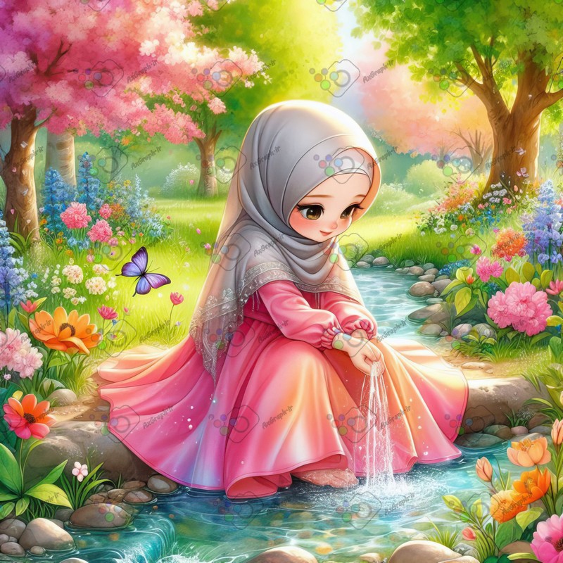 بک گراند کودکانه دختربچه ناز با حجاب در حال شستن دستها در آب چشمه-کد 44818(ویژه عکس گراف)