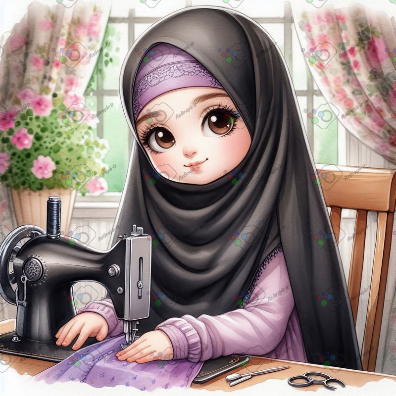 بک گراند کودکانه دختر کوچولوی ناز با چادری در حال خیاطی-کد 44484(ویژه عکس گراف)