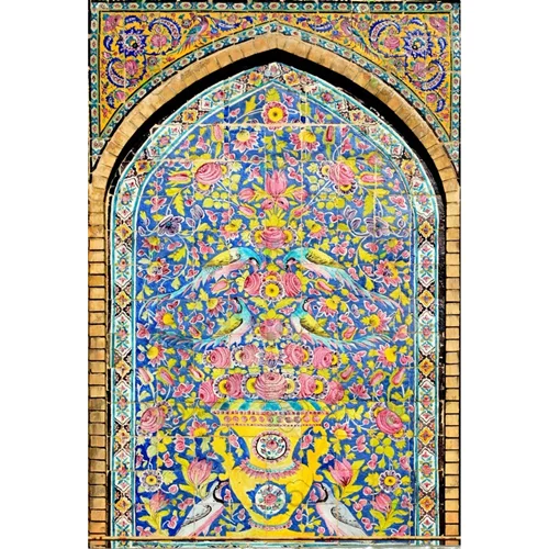 تصویر با کیفیت نمایی از کاشیکاری زیبای ایرانی با نقش گل و بلبل-کد 30140
